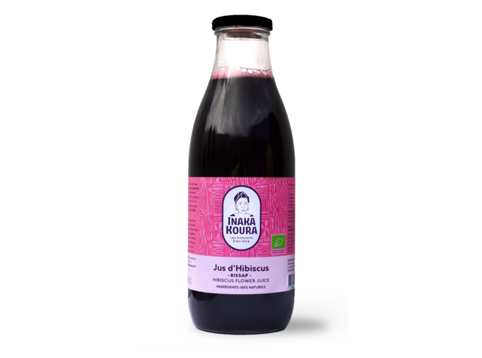 6x Jus d'Hibiscus / Bissap Bio, prêt à boire, peu sucré, en bouteille verre de 50cl