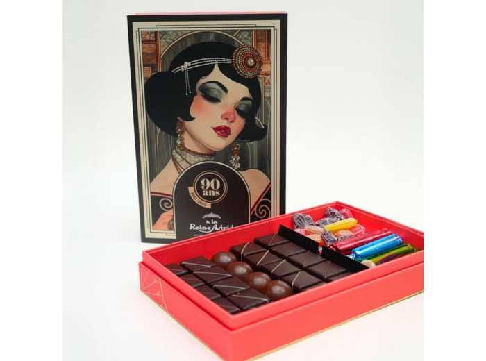 Reine Astrid - Coffret Chocolats Noir  Lait + Bonbons 90 Ans de Règne 25 Chocolats + Bonbons