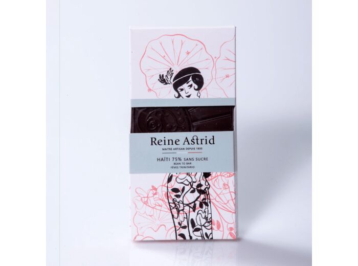 Reine Astrid - Tablette Chocolat Noir 75% Pure Origine Haïti Bio Sans Sucres 75g